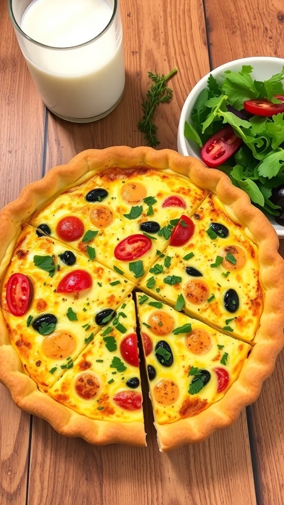 A golden quiche filled with eggs, cheese, and vegetables, sliced into wedges on a wooden table with a side salad and milk.